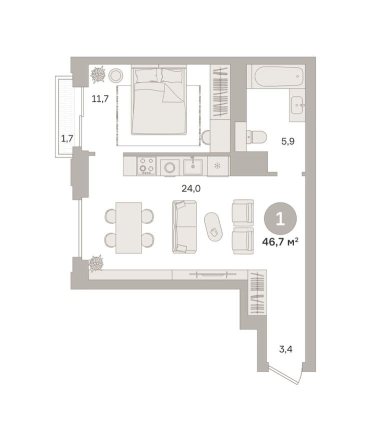 1к. квартира, 46.7 м²