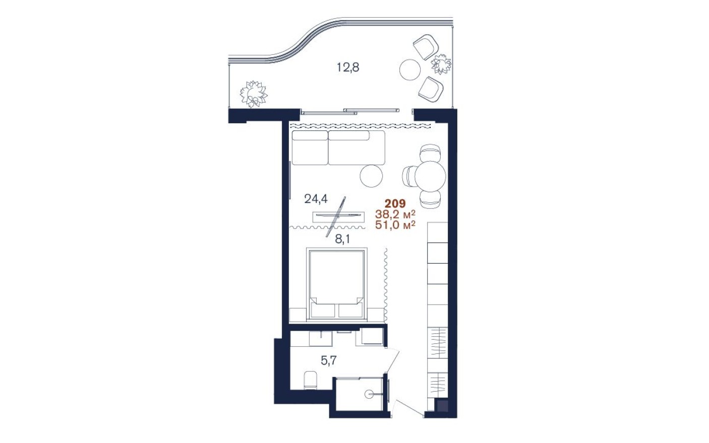 Студия-квартира, 51.0 м²