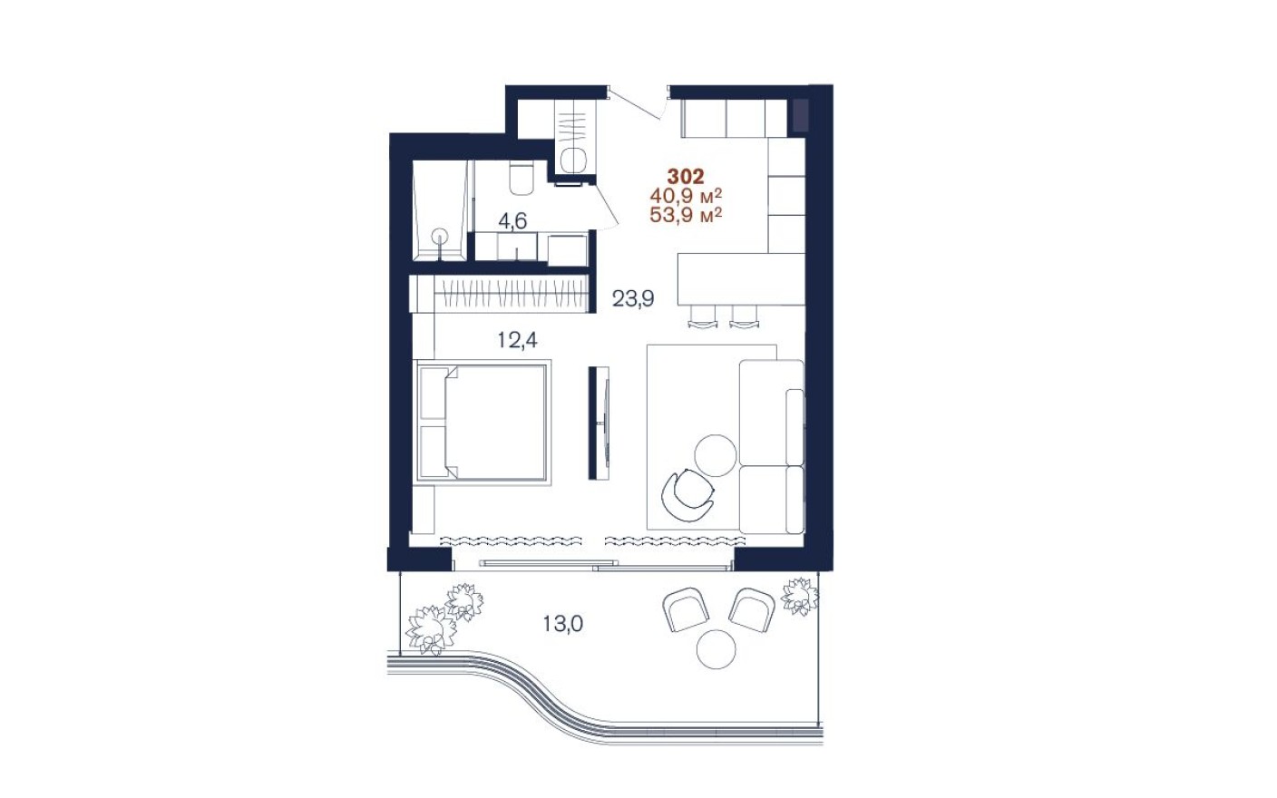 Студия-квартира, 53.9 м²