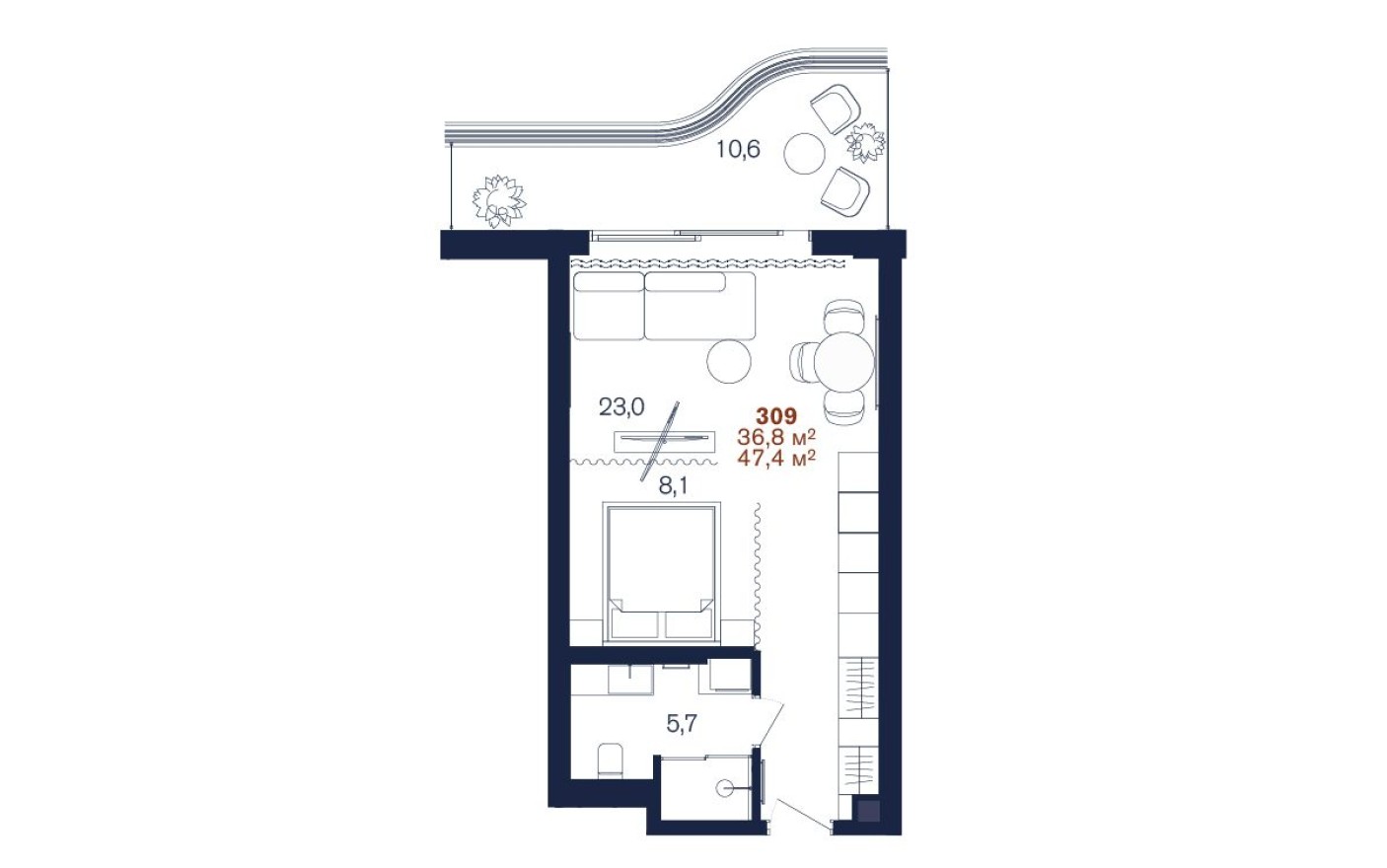 Студия-квартира, 47.4 м²