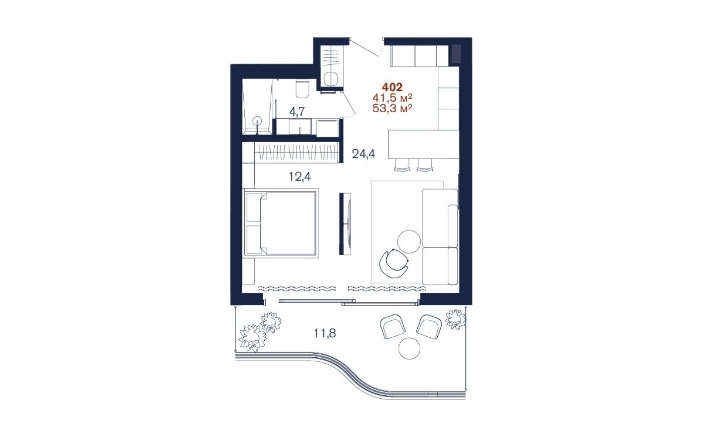 Студия-квартира, 53.3 м²