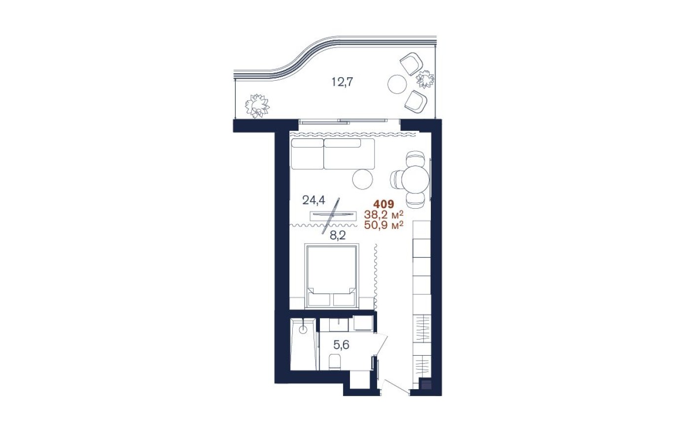 Студия-квартира, 50.9 м²