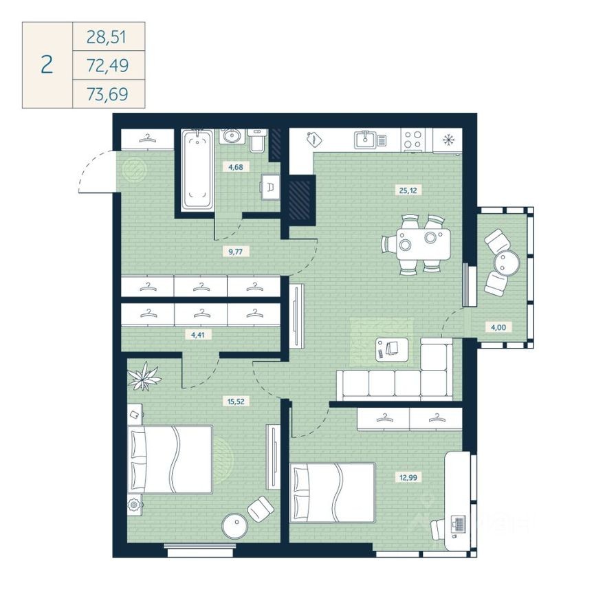 3к. квартира, 72.5 м²