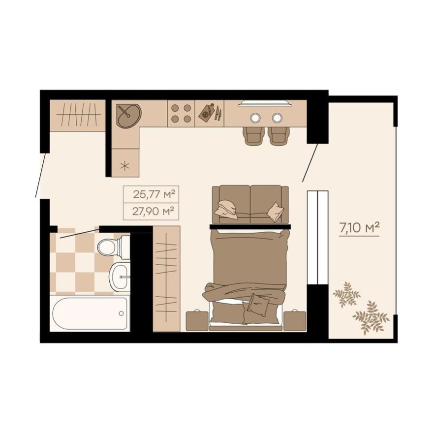 1к. квартира, 27.9 м²