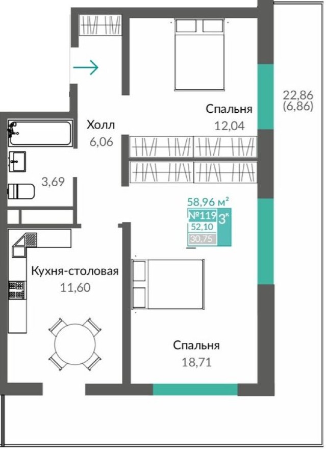 2к. квартира, 59.0 м²