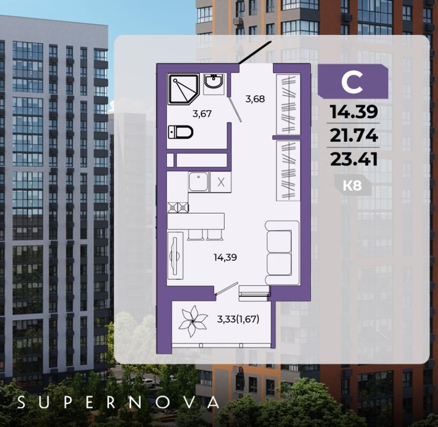 1к. квартира, 23.0 м²