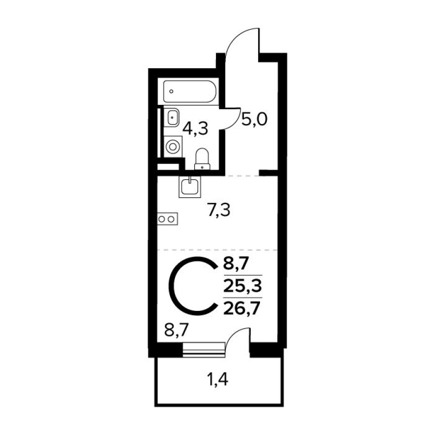 Студия-квартира, 26.7 м²