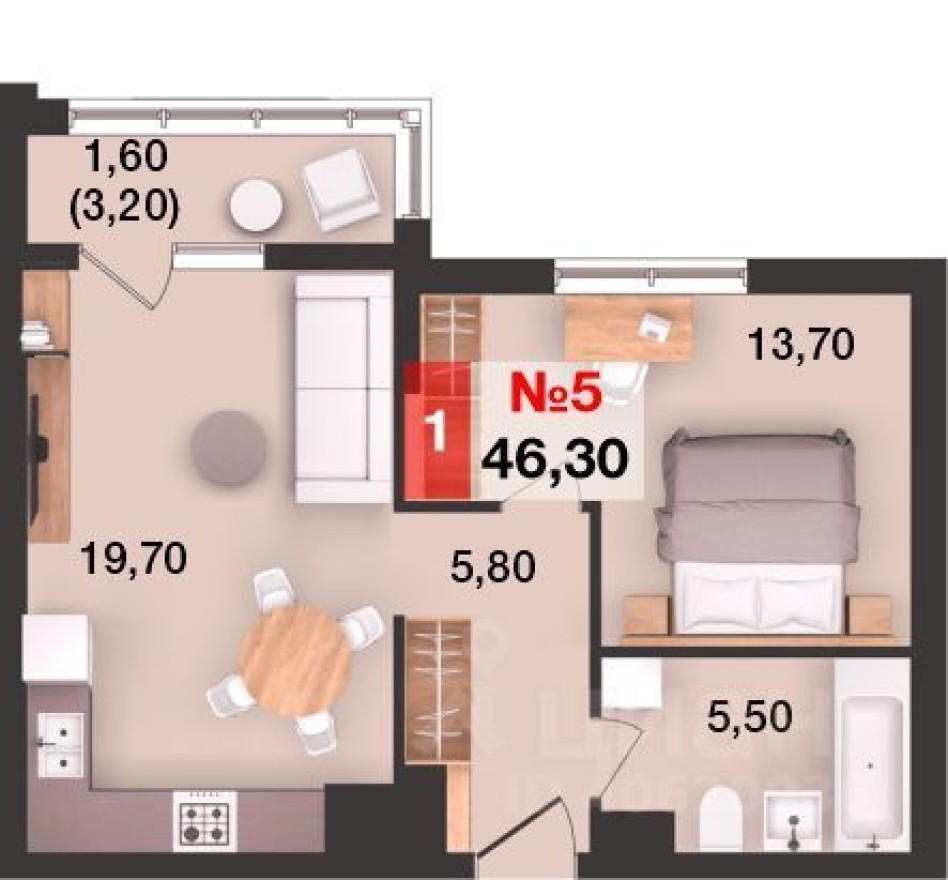 1к. квартира, 46.3 м²
