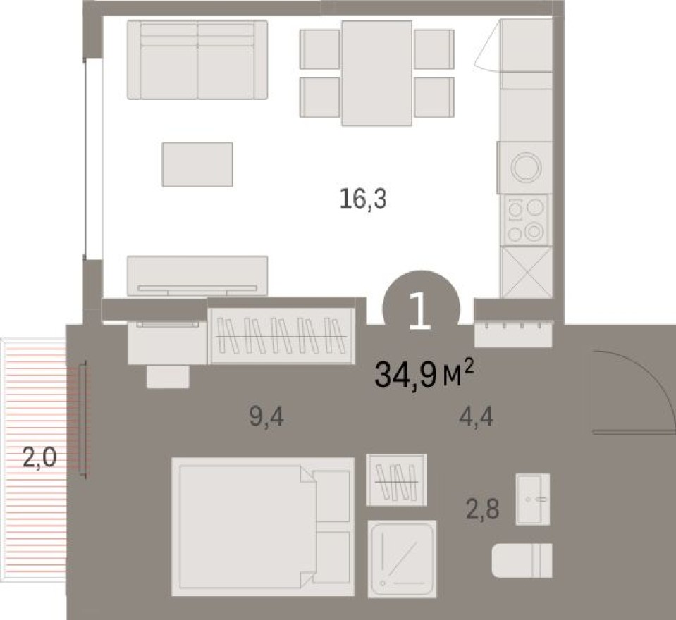1к. квартира, 34.9 м²