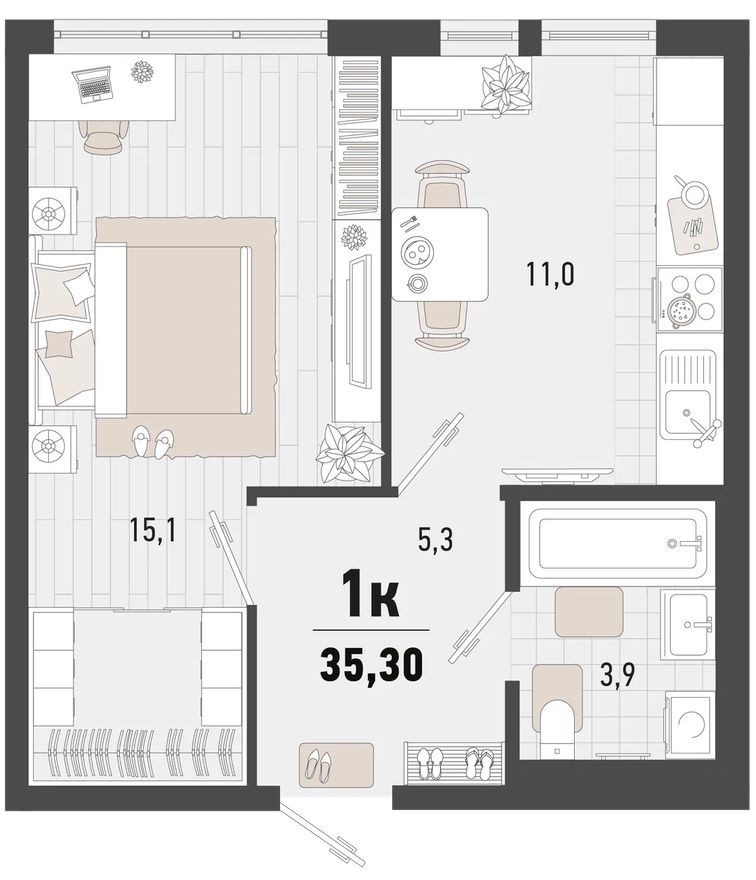 1к. квартира, 35.3 м²