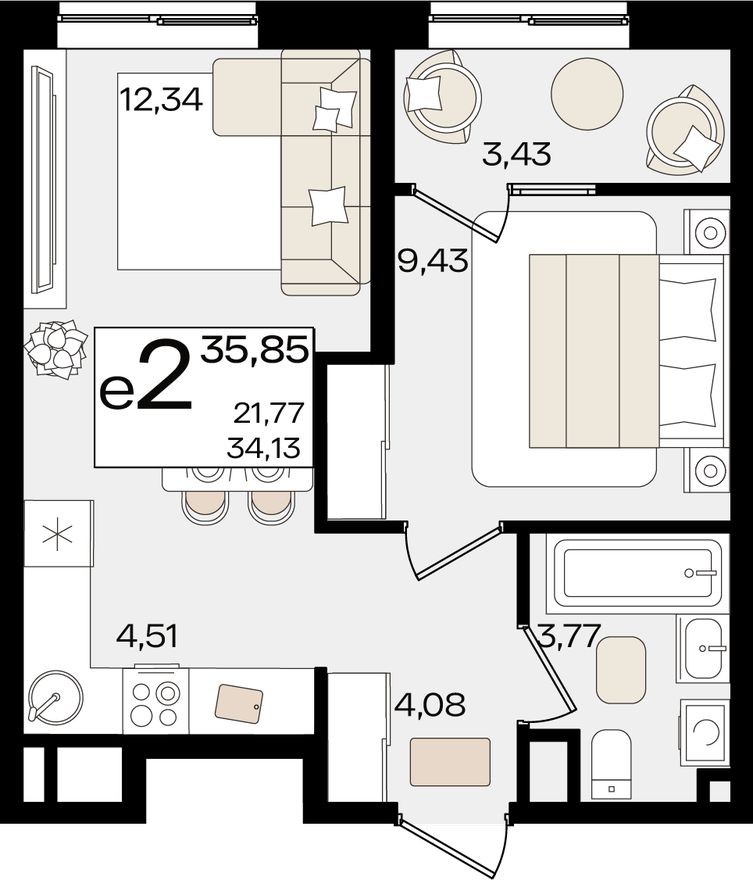 2е квартира, 35.9 м²