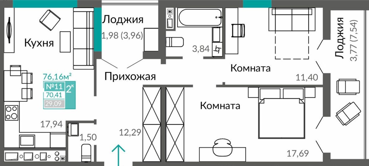 2к. квартира, 70.4 м²