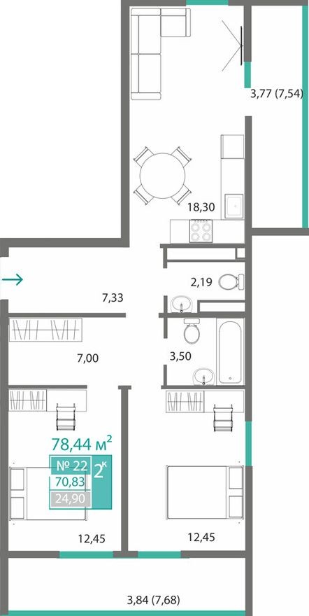 2к. квартира, 70.8 м²