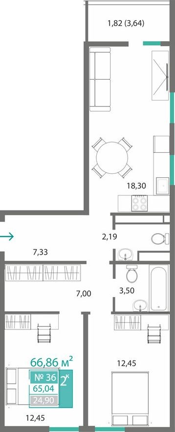 2к. квартира, 65.0 м²