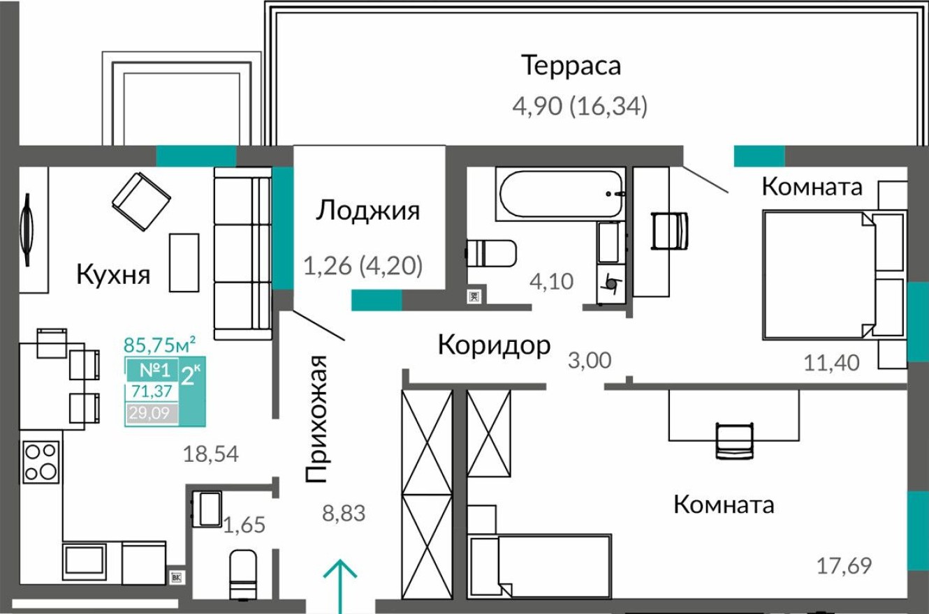 2к. квартира, 71.4 м²