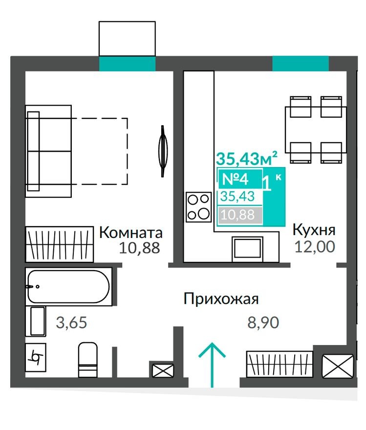 1к. квартира, 35.4 м²