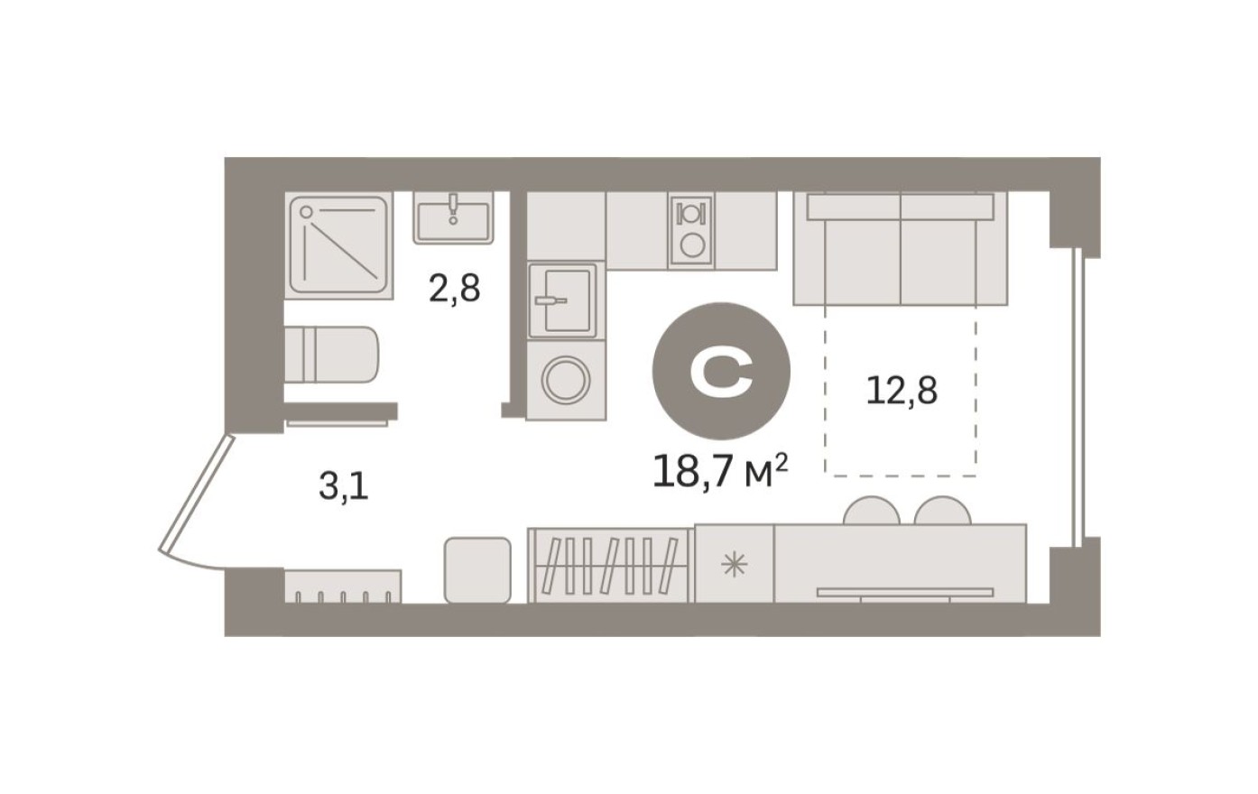Студия-квартира, 18.7 м²