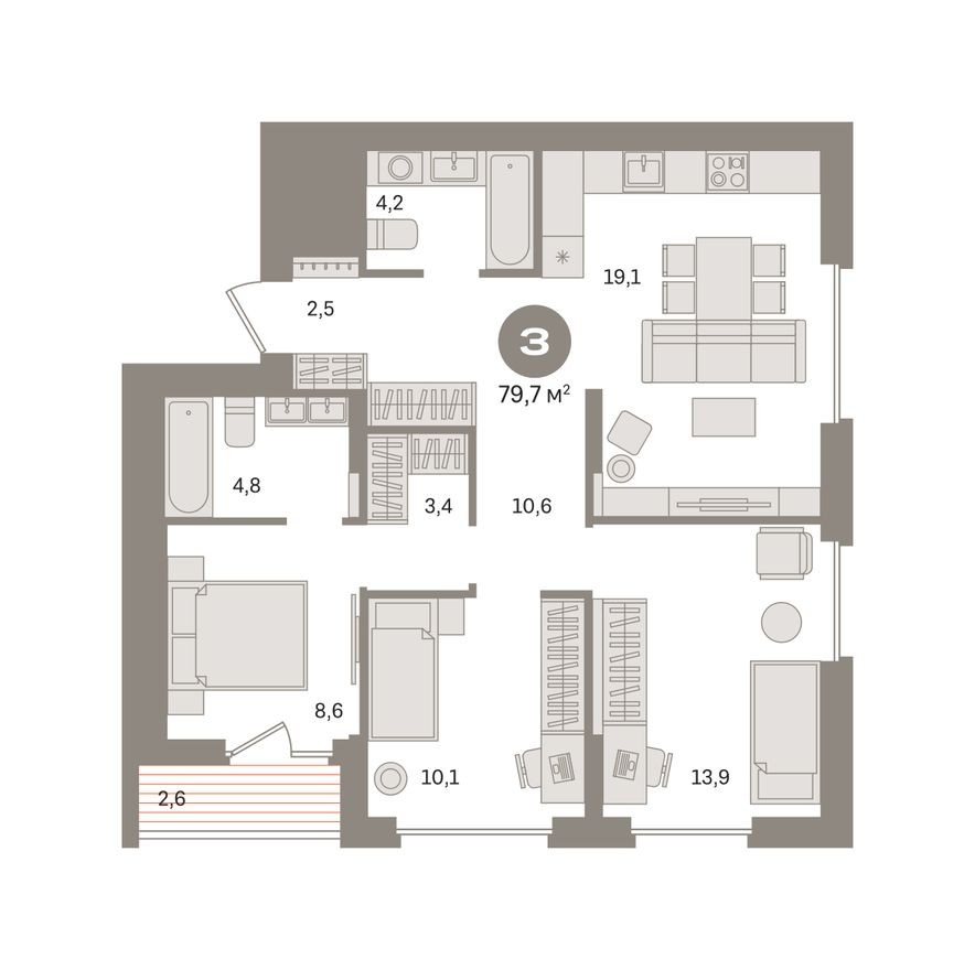 3к. квартира, 79.7 м²