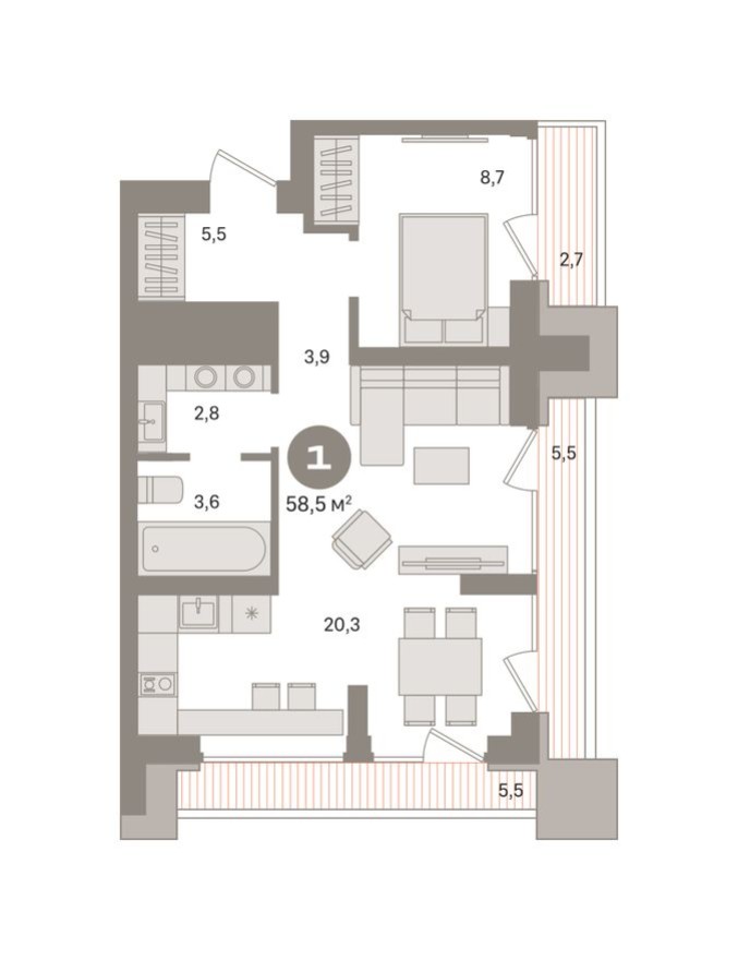 1к. квартира, 59.0 м²