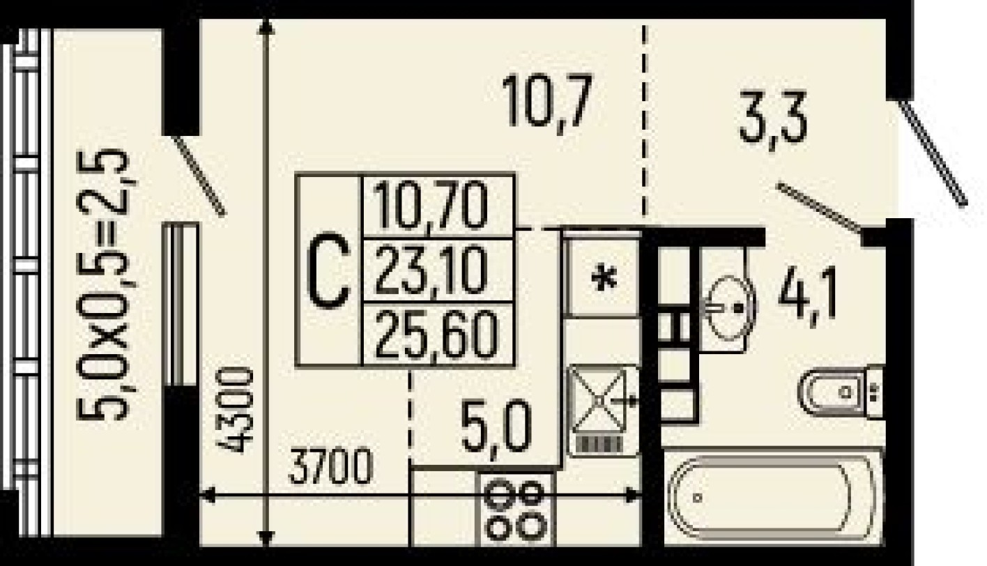 Студия-квартира, 25.6 м²