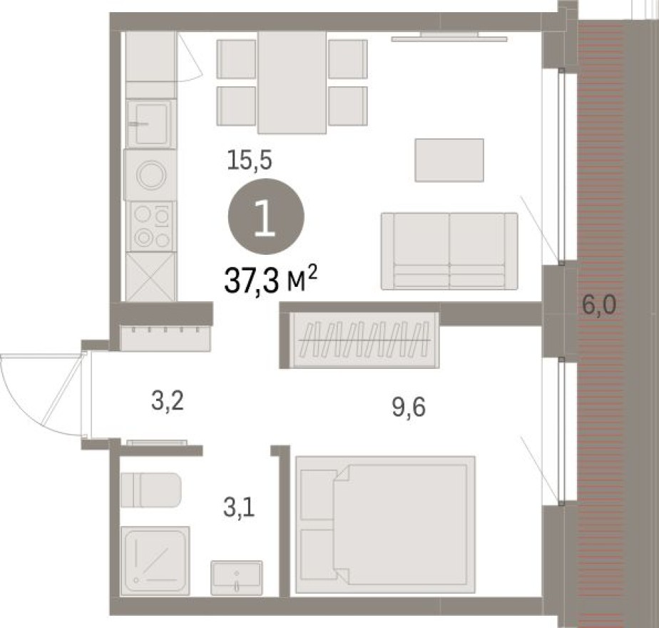 1к. квартира, 37.3 м²