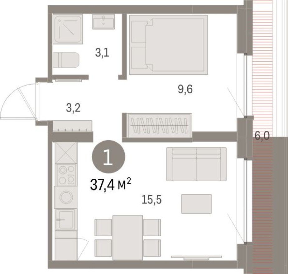 1к. квартира, 37.4 м²