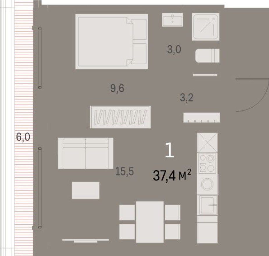 1к. квартира, 37.4 м²