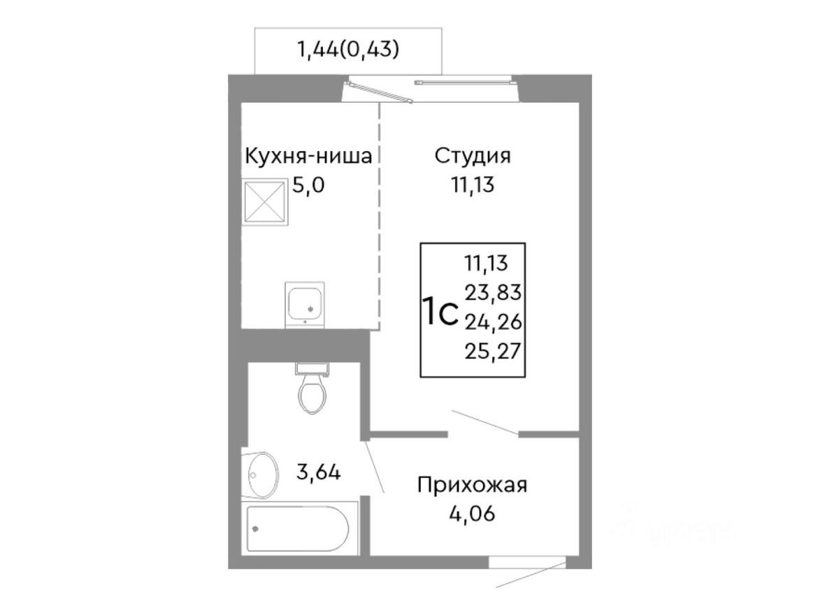 1к. квартира, 24.3 м²