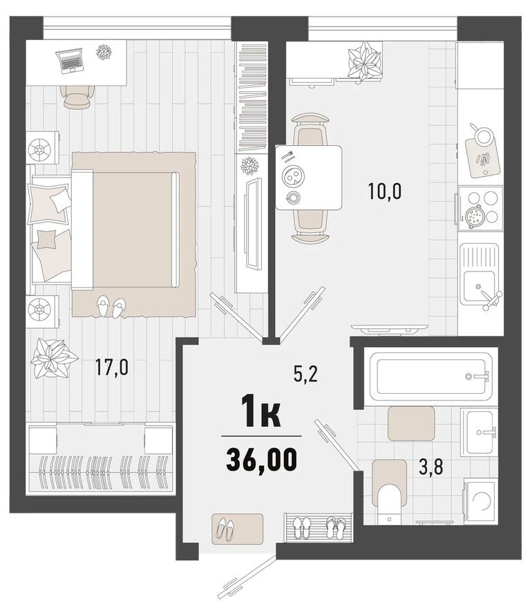 1к. квартира, 36.0 м²