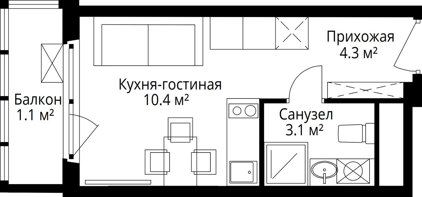 Студия-квартира, 18.9 м²