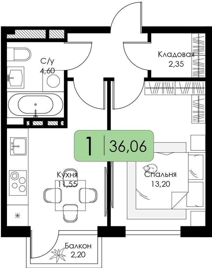 1к. квартира, 36.9 м²