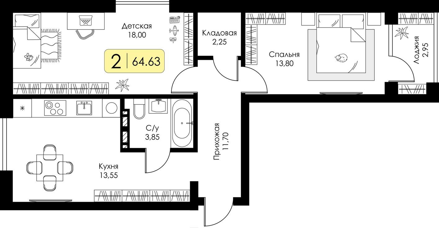 2к. квартира, 64.6 м²