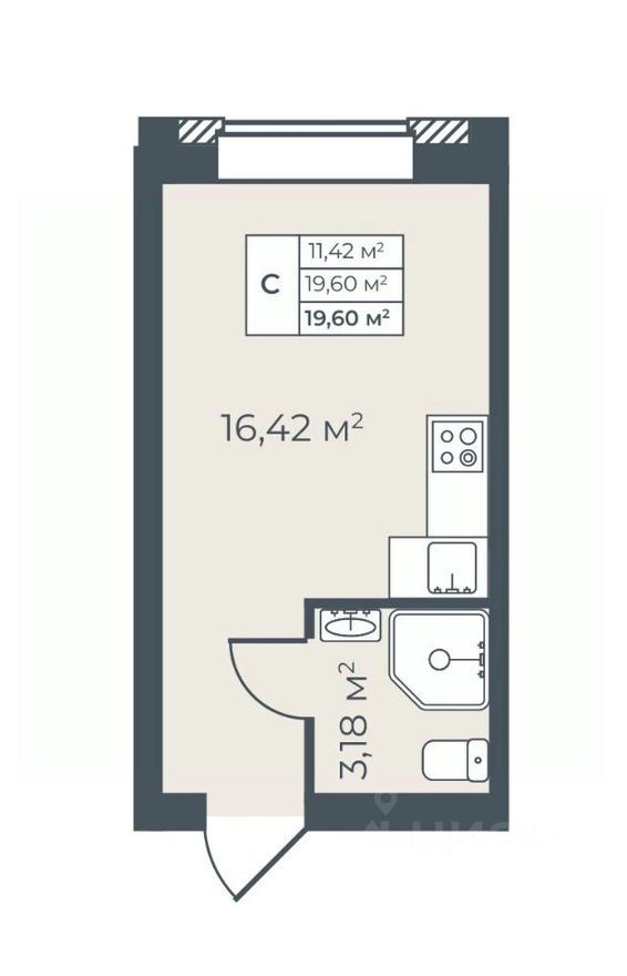1к. квартира, 19.6 м²