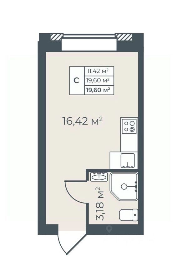 1к. квартира, 19.6 м²