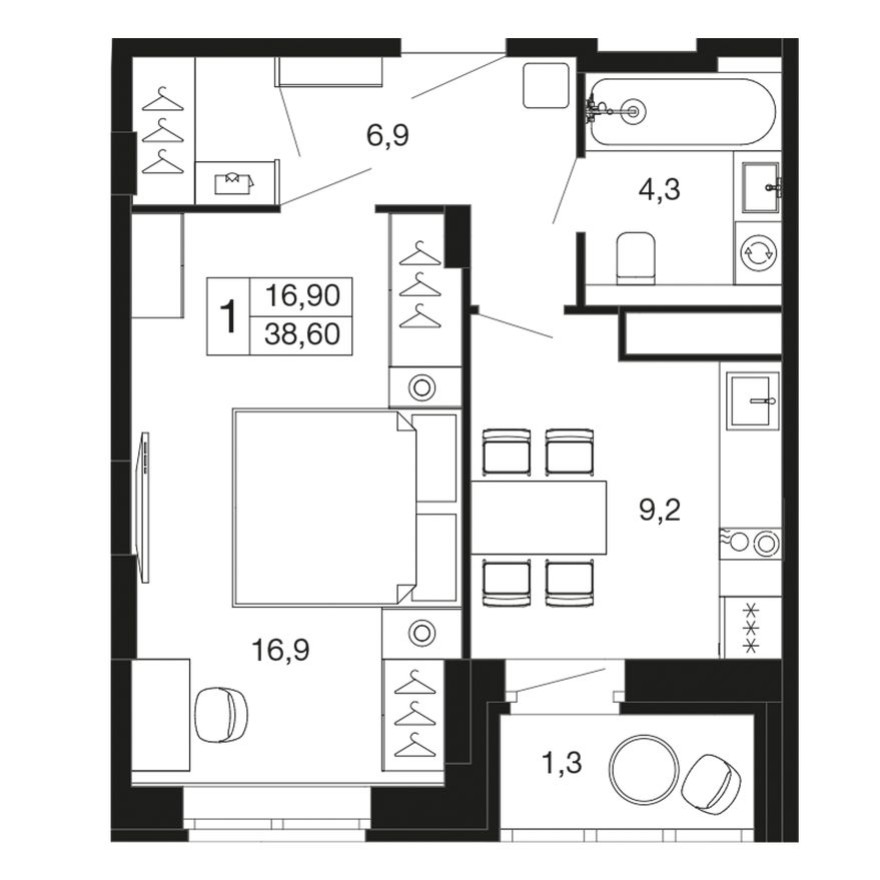 1к. квартира, 38.6 м²