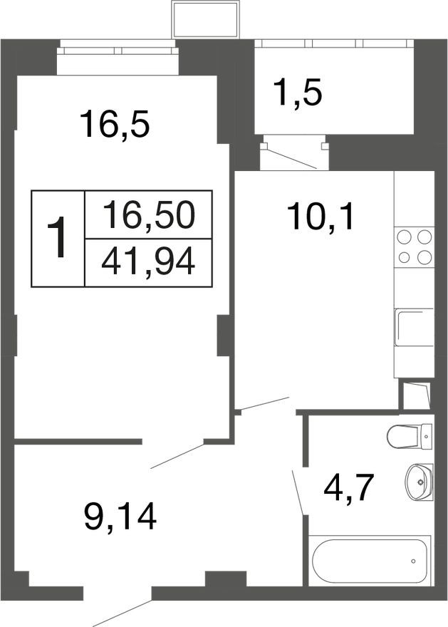1к. квартира, 41.9 м²