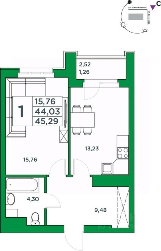 1к. квартира, 44.0 м²
