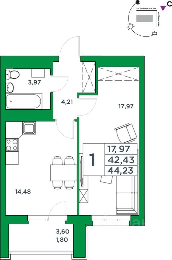 1к. квартира, 42.4 м²