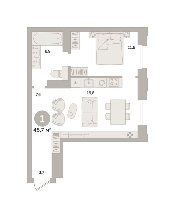 1к. квартира, 45.7 м²