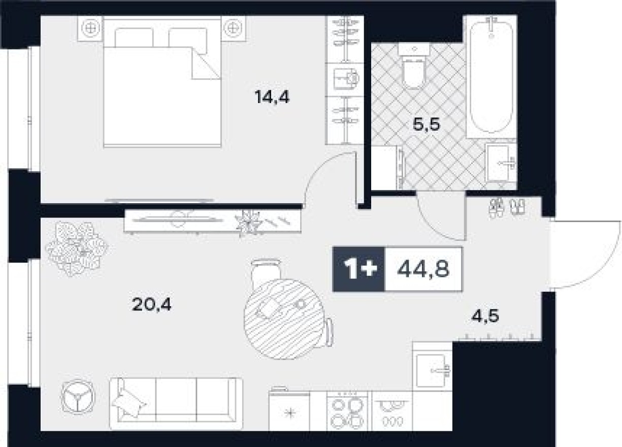 1к. квартира, 44.8 м²