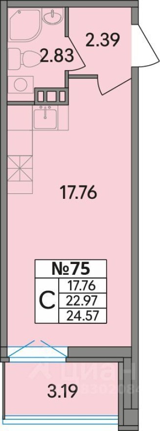 1к. квартира, 24.6 м²