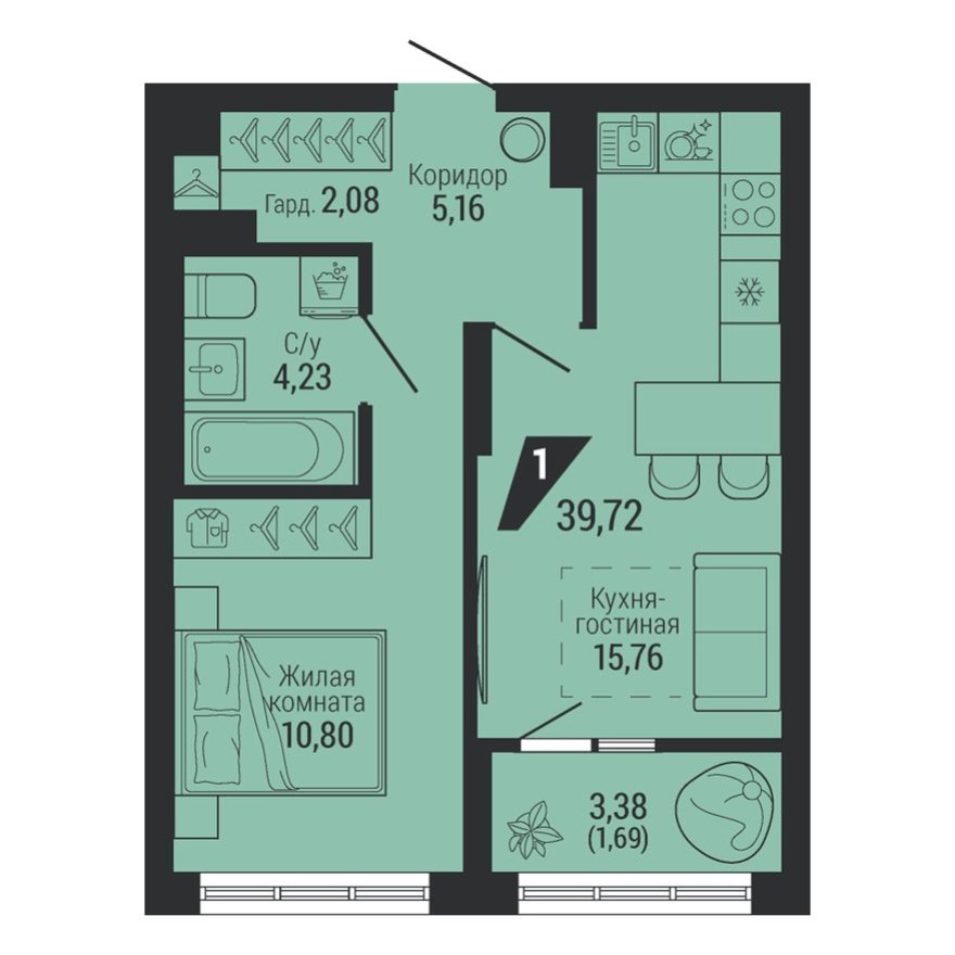 1к. квартира, 39.7 м²