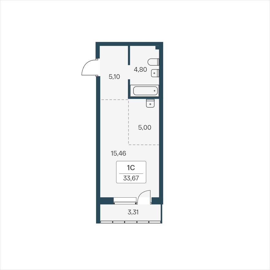 Студия-квартира, 33.7 м²