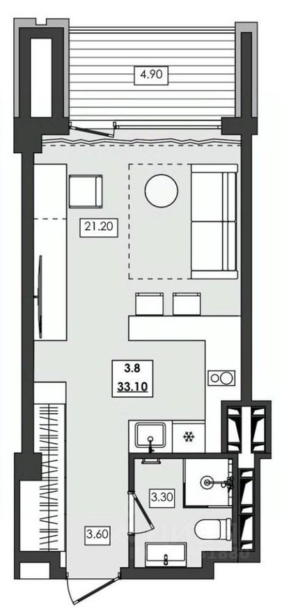 1к. апартаменты, 33.1 м²