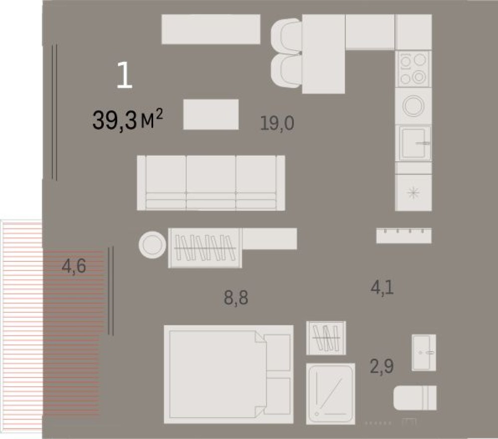 1к. квартира, 39.3 м²