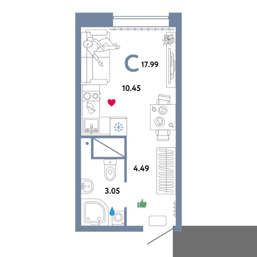 Студия-квартира, 18.0 м²