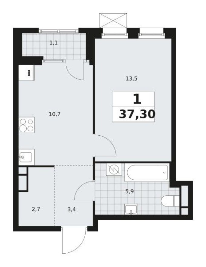 1к. квартира, 37.3 м²