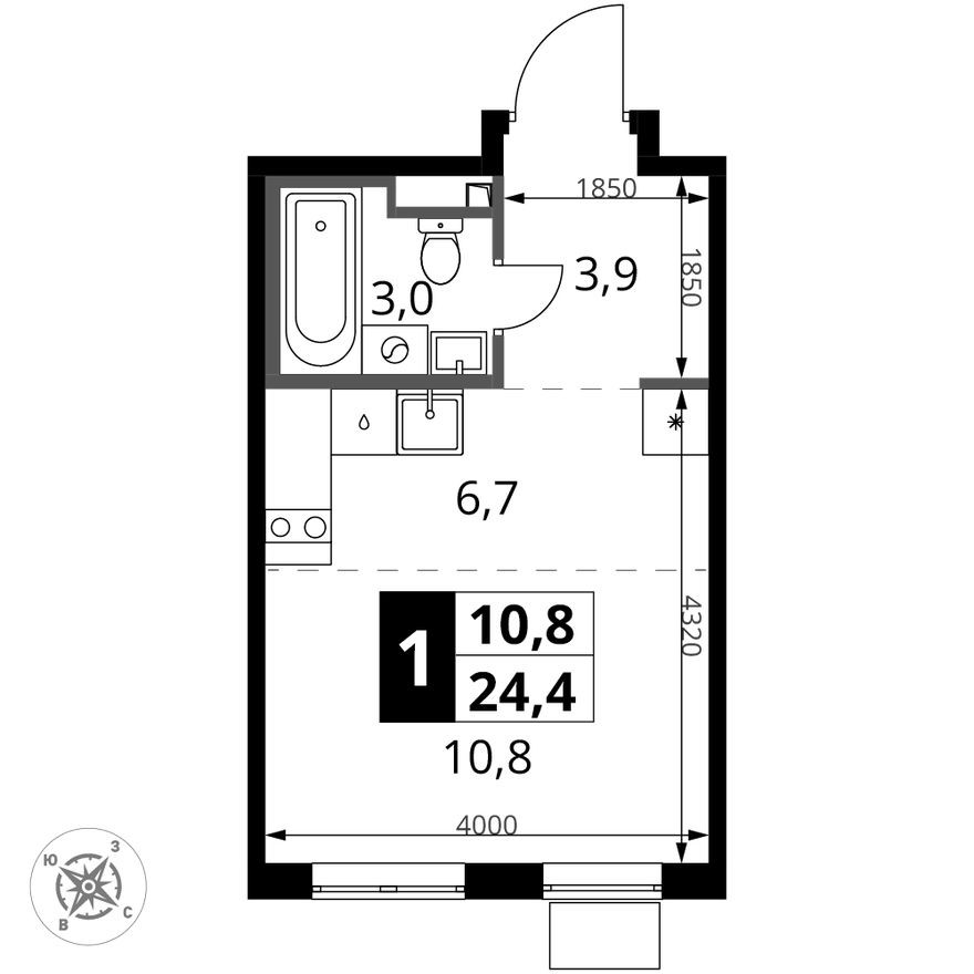 Студия-квартира, 24.4 м²