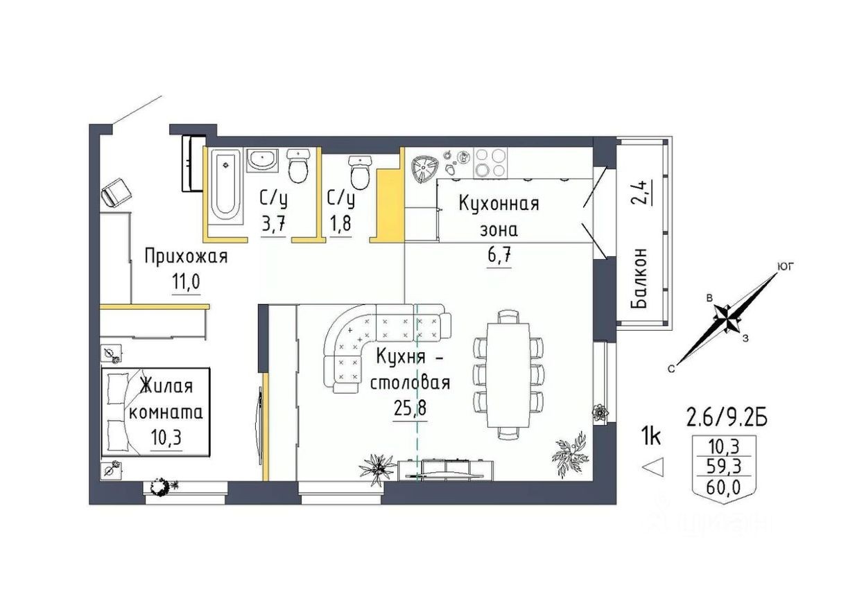2к. квартира, 60.0 м²
