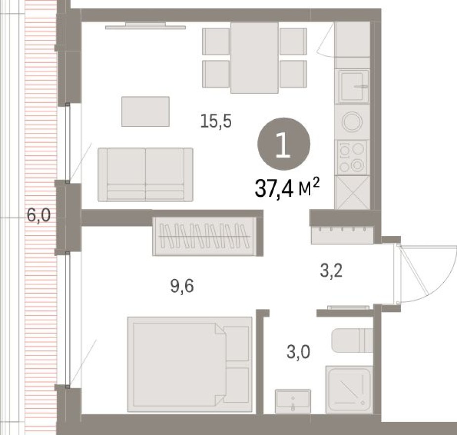 1к. квартира, 37.4 м²
